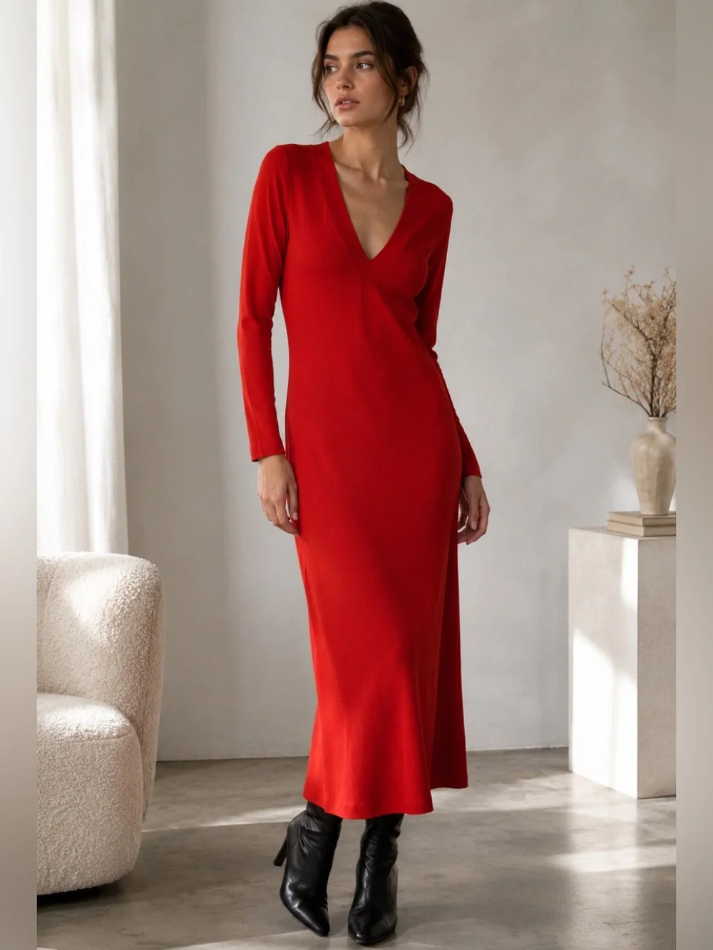 Zara Red Ribbed Knit Midi Dress Small Long Sleeve V-Neck Bodycon Minimalist - Picture 10 of 10